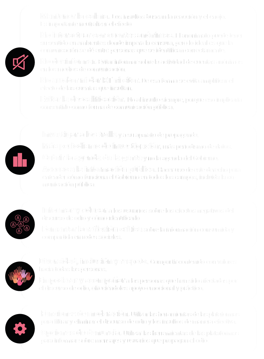 Mantener la calma: los insultos buscan la reacción y el enojo. Es importante neutralizar el efecto. No interactuar con cuentas anónimas. El anonimato puede tener su sentido en ambientes donde impera la censura, pero lo ideal es que la comunicación se dé entre personas que se identifican correctamente. Evitar informar sobre la actividad de cuentas anónimas en los medios de comunicación. No arrobar ni dar RT ni citar a las cuentas que insultan porque se amplifica el efecto. Evitar la descalificación. No al insulto siempre porque eso implicaría consentirlo como forma de comunicación pública. Investigar a los trolls y a su aparato de propaganda. Más periodismo de investigación, más periodismo de datos. Cubrir la agenda de la gente y no la agenda del Gobierno. Hacer uso de los pedidos de acceso a la información pública para entender cómo funciona el Gobierno en todos los campos, incluida la comunicación pública. Informar y educar a los usuarios sobre los efectos negativos del discurso de odio y cómo identificarlo. Fomentar la reflexión crítica sobre la información consumida y compartida en redes sociales. Compartir contenido que celebre la diversidad, la inclusión y el respeto hacia todas las personas. Aprovechar las funciones de moderación de las plataformas para filtrar y eliminar el discurso de odio y los insultos de manera efectiva. Utilizar las opciones de denuncia de las plataformas para informar sobre mensajes y usuarios que propagan el odio.Empoderar y acompañar a las personas que han sido afectadas por el discurso de odio, ofreciéndoles apoyo emocional y práctico.